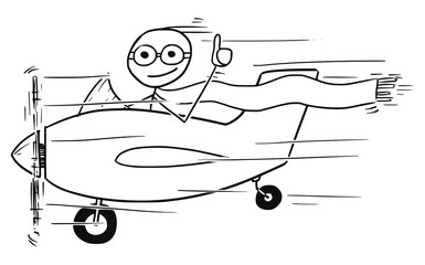 Vector Stickman Cartoon of Smiling Man Flying Small Aircraft Showing Thumb Up