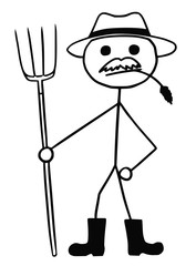 Vector Stickman Cartoon of Farmer with Pitchfork and Hat