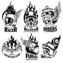 Fiery Motorcycle Skull Helmet Logos Set