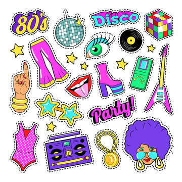 Disco Party Retro Fashion Elements with Guitar, Lips and Stars for Stickers, Patches, Badges. Vector doodle