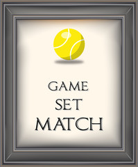 Framed retro tennis poster with yellow tennis ball, old paper background and game set match typography