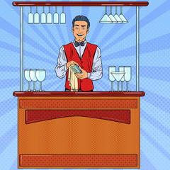 Pop Art Smiling Bartender Wiping Glass in Bar. Vector illustration