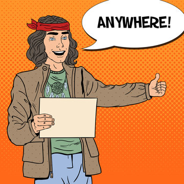 Pop Art Smiling Hitchhiking Hippie Tourist with Blank Sheet. Vector illustration