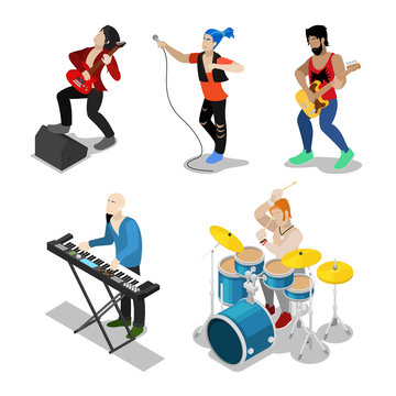 Isometric Rock Musicians with Singer, Guitarist and Drummer. Vector 3d flat illustration