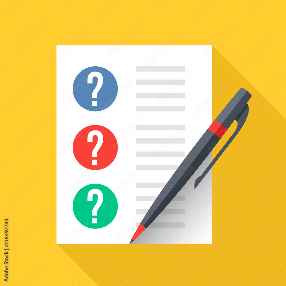 Poster document with question marks and pen. sheet of paper and checklist with questions. test, exam, quiz 