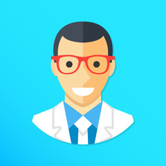 Doctor icon. Smiling doctor character wearing lab coat and glasses. Flat design graphic elements. Vector illustration