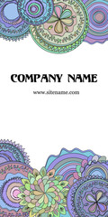 Doodle business card with hand drawn tribal ornament, mandala. Template for business, invitation card, or cover.