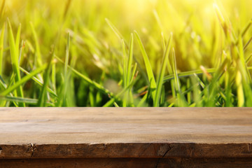 Empty rustic table in front of fresh grass