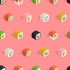Isometric sushi seamless pattern on the pink background in flat style