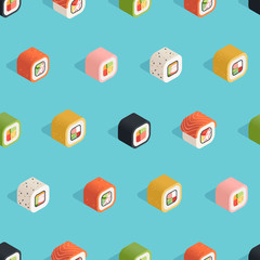 Isometric sushi seamless pattern on the blue background in flat style - 138494560