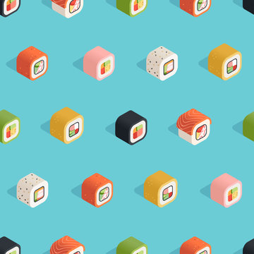Isometric sushi seamless pattern on the blue background in flat style
