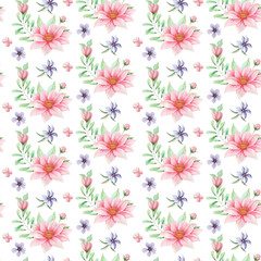 Seamless watercolor pattern with flowers and leaves isolated on white background