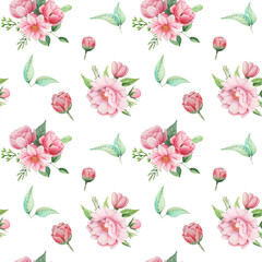 Seamless watercolor pattern with flowers and leaves isolated on white background