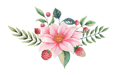 Hand painted watercolor charming combination of Flowers and Leaves isolated on white background