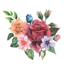 Hand painted watercolor charming combination of Flowers and Leaves isolated on white background