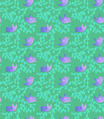 Seamless texture with birds and green leaves. Spring. Summer. Communication.