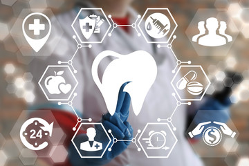 Dental medicine health care support concept. Dentist touched tooth icon on virtual dentistry...