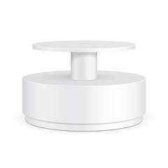 Round Cardboard Floor Display Rack For Supermarket Blank Empty Shelves. Mock Up, Template. Illustration Isolated On White Background. Ready For Your Design. Product Advertising. Vector EPS10.