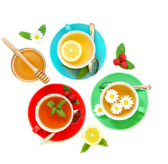 Tea Collection of three different types of tea - green with lemon, black raspberry, chamomile tea isolated on white.