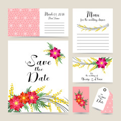 Wedding invitation decorated with mimosa and spring flowers.