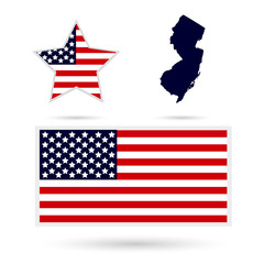 Map of the U.S. state of New Jersey on a white background. American flag, star