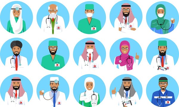 Different muslim arabian doctors, nurses characters avatars icons set in flat style isolated on white background. Differences islamic saudi arabic medical persons smiling faces. Vector illustration.