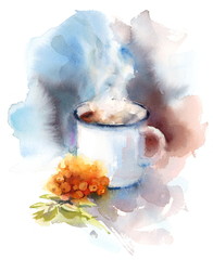 Watercolor Steaming Cup of Rowan Berry Tea Hand Painted Cozy Autumn Illustration