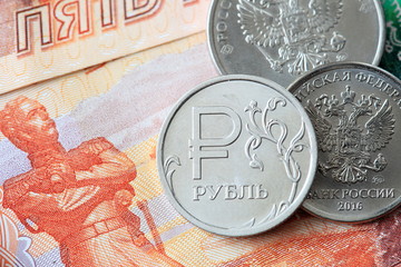 Russian ruble bills and coins