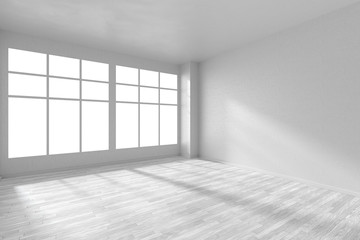 Empty white room with parquet floor, textured walls and big window