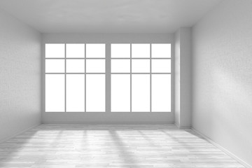 Empty room with white parquet floor, textured white walls and big window