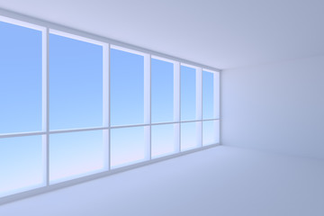 Empty blue business office room with large window