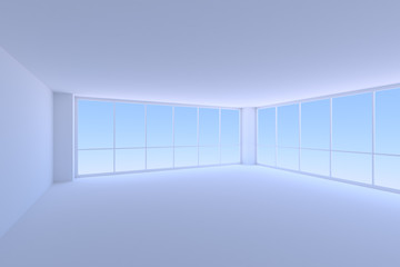 Empty blue business office room with two large windows