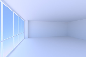 Empty blue business office room with large window