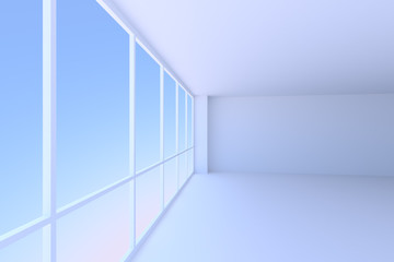 Empty blue business office room with large window perspective view