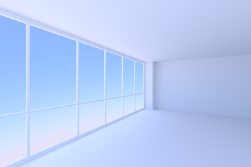 Fototapeta premium Empty blue business office room with large window in corner