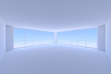 Empty blue business office room with two large windows wide view