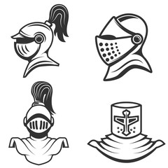 set of the knight helmets isolated on white background. Design elements for logo, label, emblem, sign, brand mark. Vector illustration