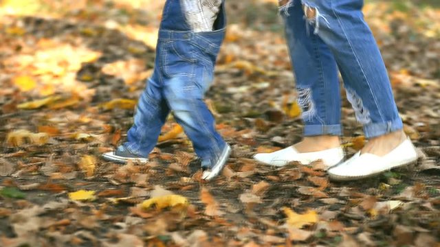 mother teaches a small child walking in the park in autumn