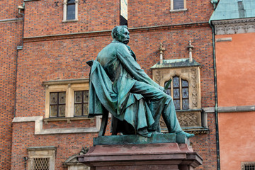 statue of the Polish poet, playwright and comedy writer Aleksander Fredro in the Market Square in...