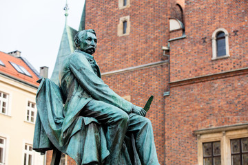 statue of the Polish poet, playwright and comedy writer Aleksander Fredro in the Market Square in front of the Town Hall of Wroclaw, Poland