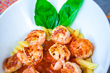Fresh pasta with shrimp and tomato sauce with basil in a white bowl.