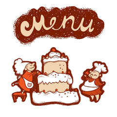 Vector illustration sketch of comic characters cooks who prepare a huge cake with cream and nuts. The menu for the cafe or pastry shop.