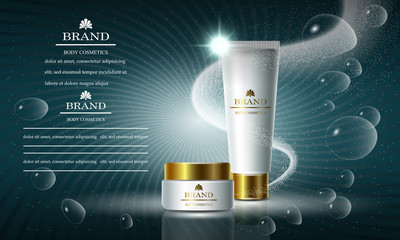 Cosmetics beauty series, ads of premium body cream  for skin care. Template for design poster, placard, presentation, banners, cover, vector illustration.
