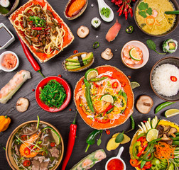 Various of asian meals on rustic background , top view , place for text.
