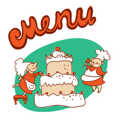 Vector illustration sketch of comic characters cooks who prepare a huge cake with cream and nuts. The menu for the cafe or pastry shop.