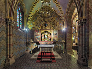 Saint Imre Chapel in Matthias Church in Budapest, Hungary. The winged altar with paintings of the...