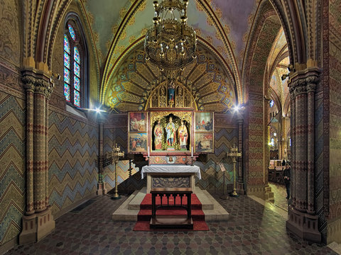Saint Imre Chapel in Matthias Church in Budapest, Hungary. The winged altar with paintings of the Hungarian artist Mihaly Zichy (1827-1906) shows scenes of the life of Prince Saint Imre (1007-1031).