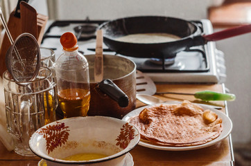 cooking pancakes in the kitchen