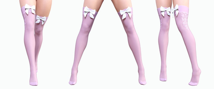 Set sexy slim female legs in nylon pink stockings. Silk butterfly. Conceptual fashion art. Shiny stockings. Seductive candid pose. Photorealistic 3D render illustration. Isolate. Studio, high key.