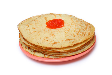 a stack of pancakes with caviar on white background